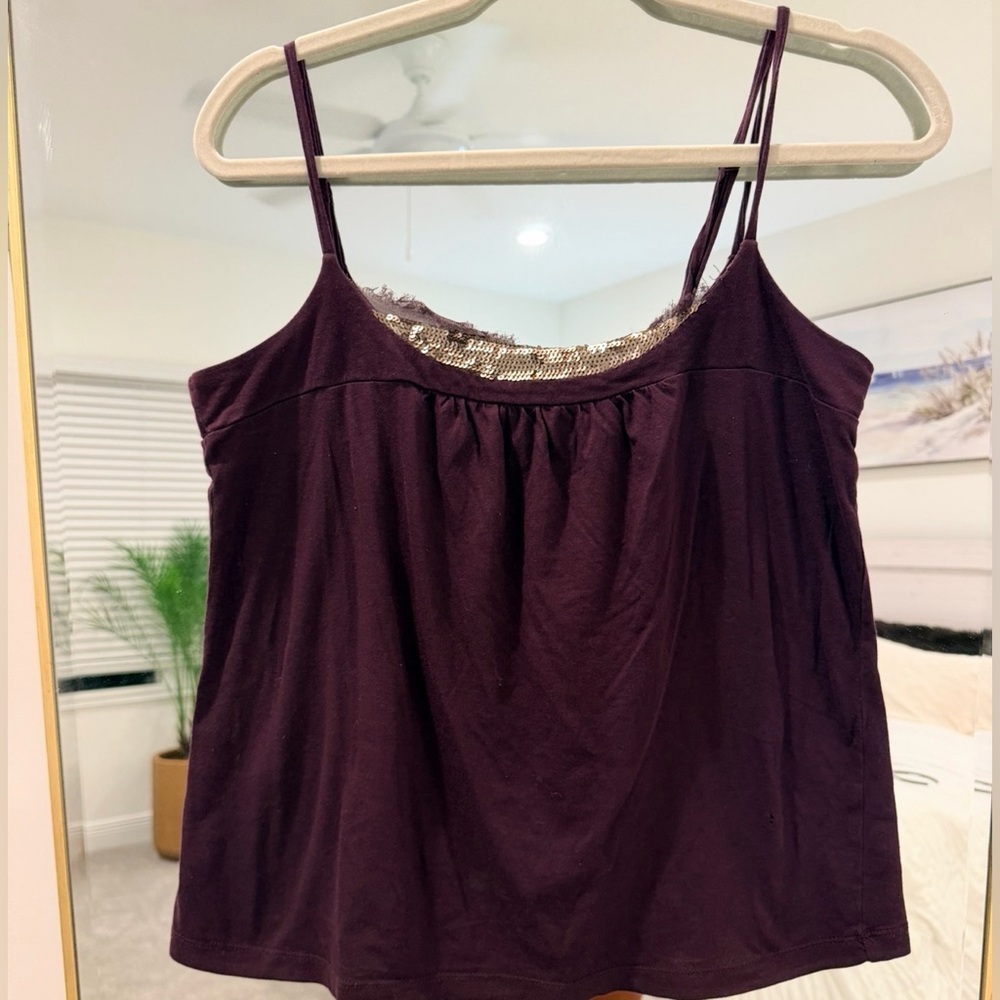 LOFT Deep Plum Sequin-Trim Tank